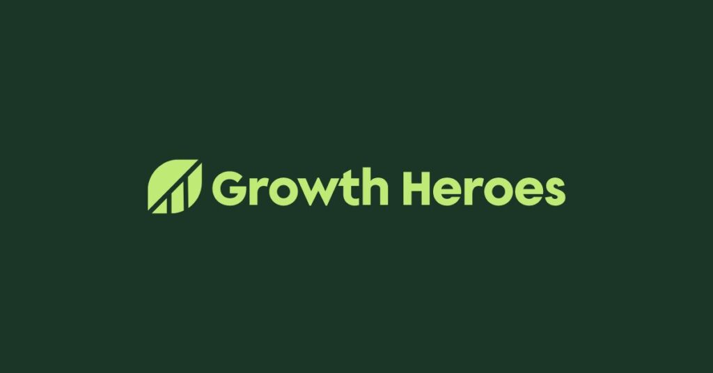 Green logo text with Leaf icon that says "growth heroes"