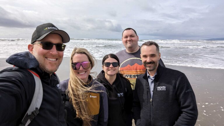 Jim Bartek, Carissa Bartek, Cassidy Belk, Scott Fenton, and Chance Hoskins on the beach.