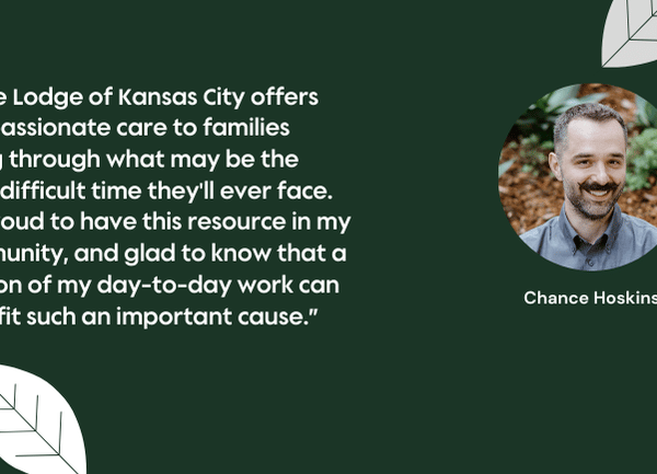 Graphic with headshot of Chance Hoskins alongside her testimonial about contributing to Hope Lodge KC.