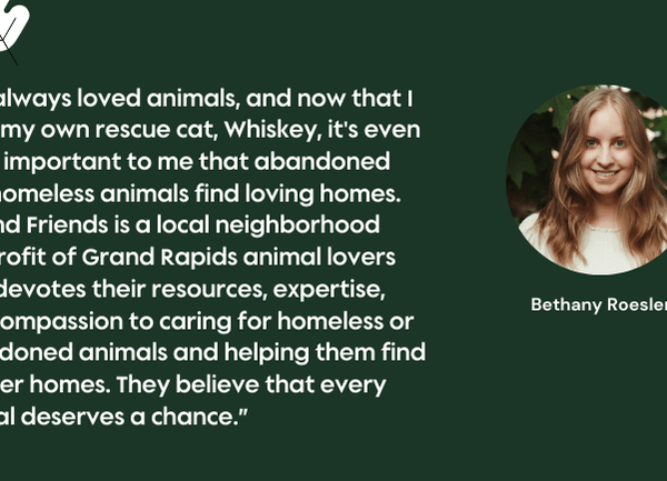 Graphic with headshot of Bethany Roesler alongside her testimonial about contributing to Fig & Friends Pet Rescue