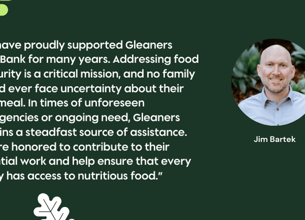Graphic with headshot of Jim Bartek alongside her testimonial about contributing to Gleaners Food Bank