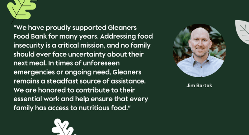 Graphic with headshot of Jim Bartek alongside her testimonial about contributing to Gleaners Food Bank