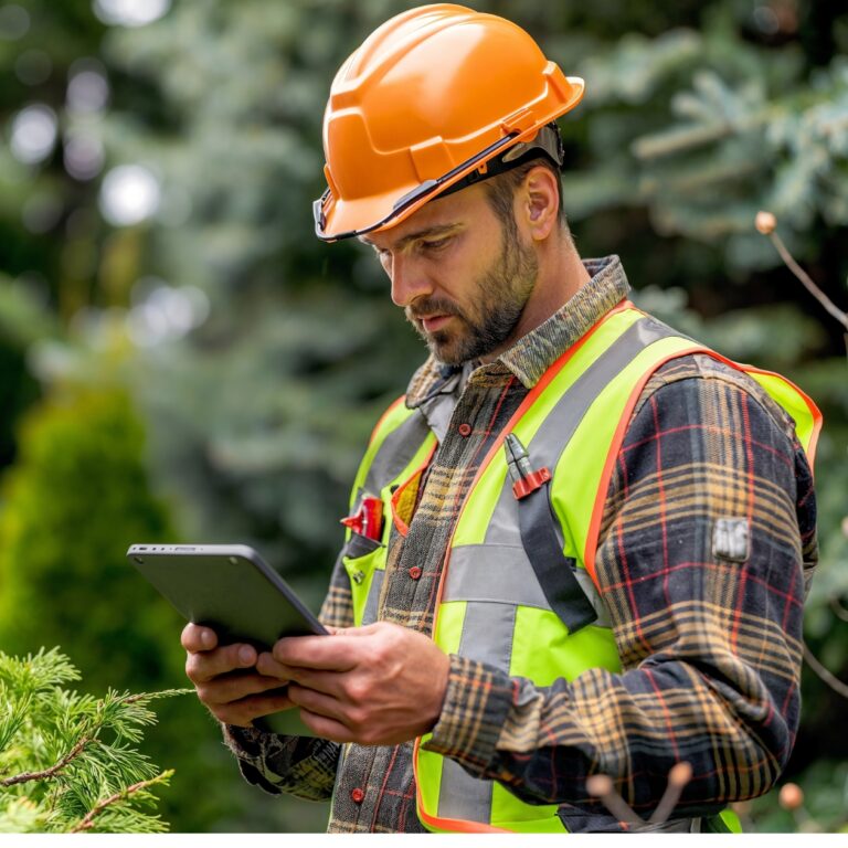 Man in construction PPE looking at a tablet.