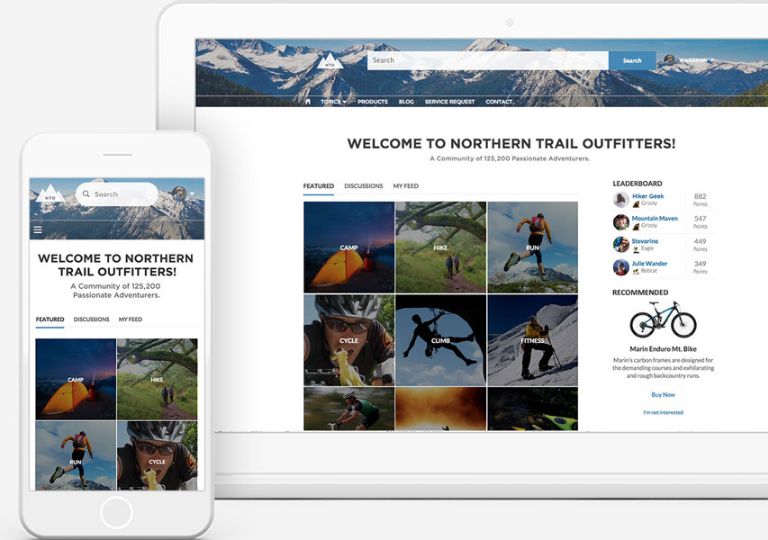 the image shows a preview of Salesforce Experience Cloud, with a mobile app and desktop experience for an outdoor recreation company.