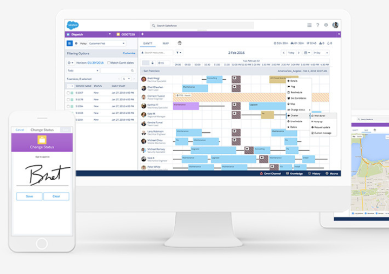 Field Service platform examples on desktop, mobile and tablet.