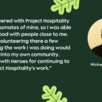 Graphic with headshot of Michael Olawunmi alongside her testimonial about contributing to Project Hospitality