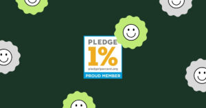 graphic features the Pledge 1% logo against a dark green background with icons of smiley faces throughout.