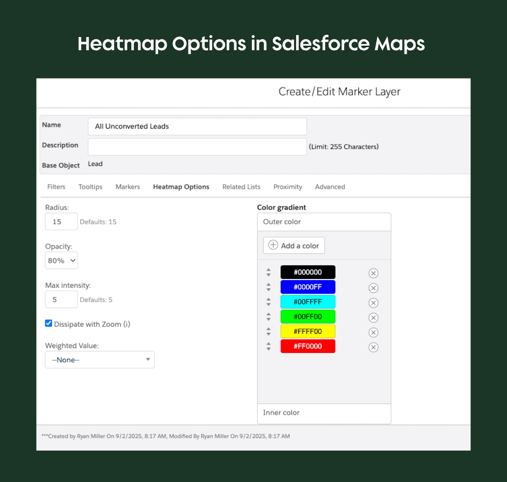 Salesforce Maps heatmap options settings within create/edit marker layer modal.