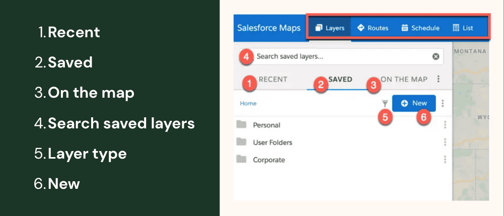 Salesforce Maps layers panel showing data filters and saved layers for field teams.