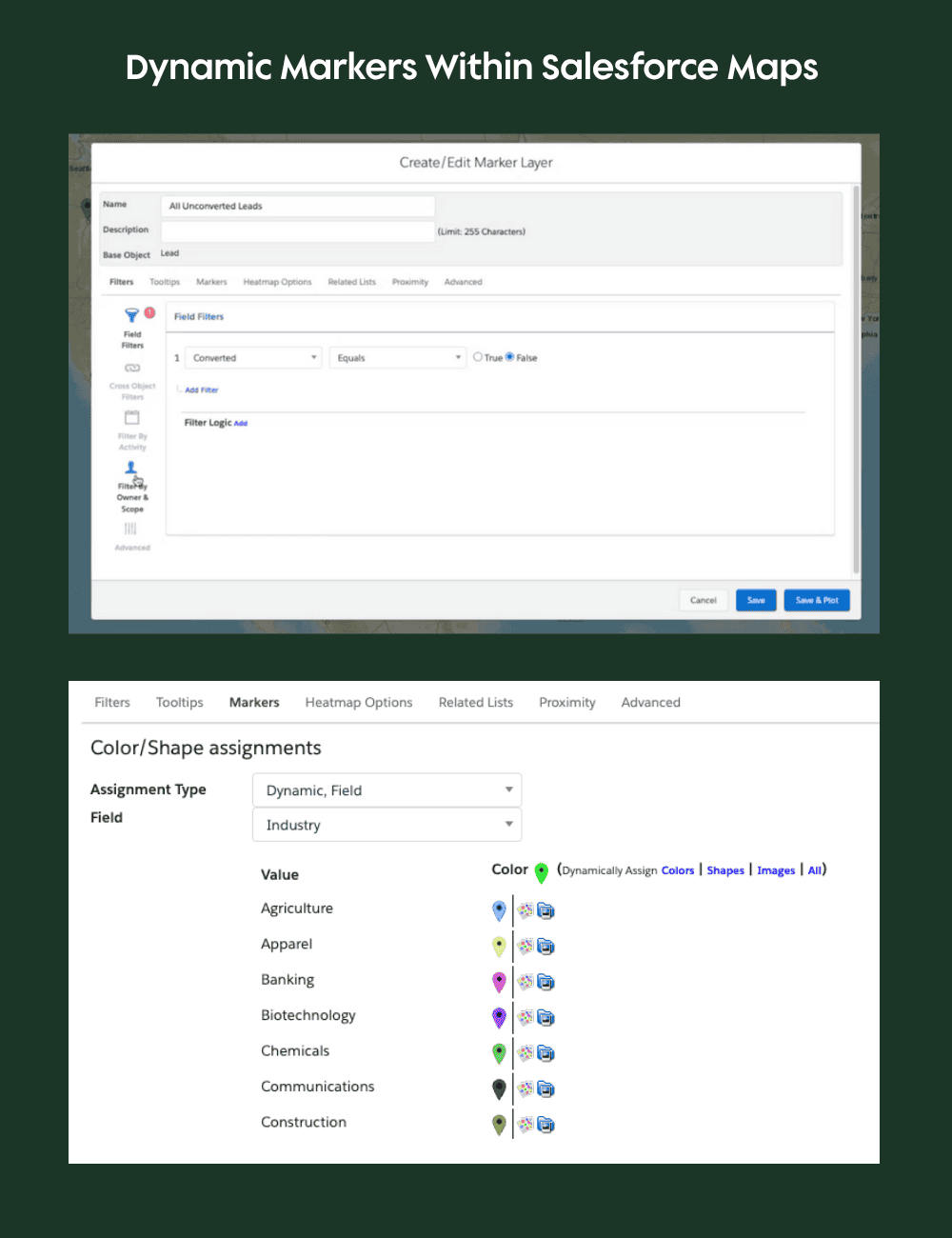 Salesforce Maps view displaying how to create and edit markers.