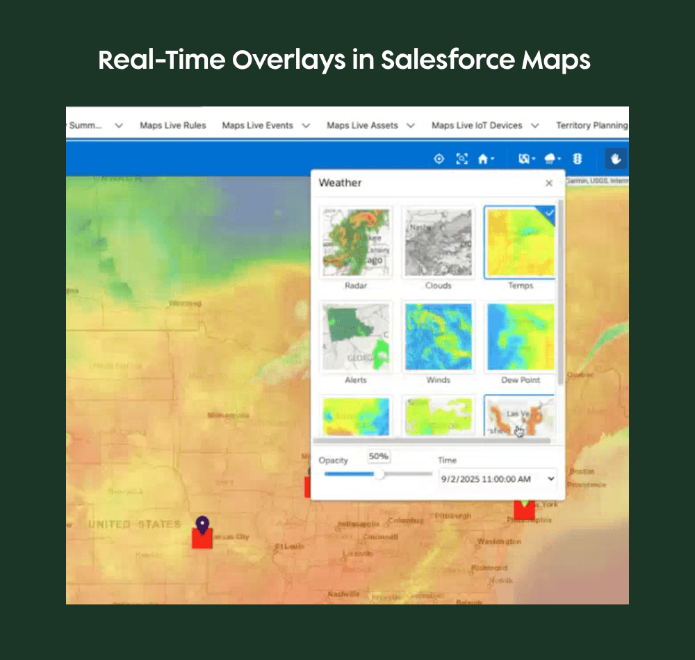 Salesforce Maps overlays displaying live weather and traffic data on top of mapped territories.