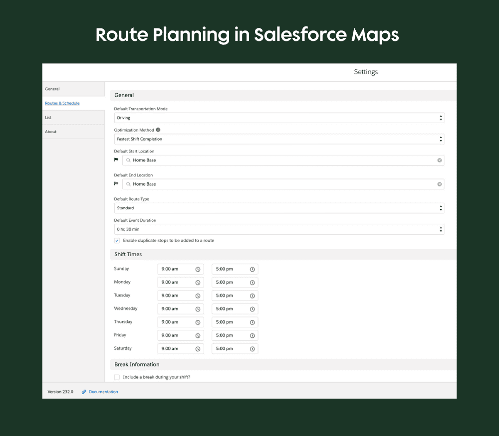 Salesforce Maps route planning settings interface highlighting route type and shift times.