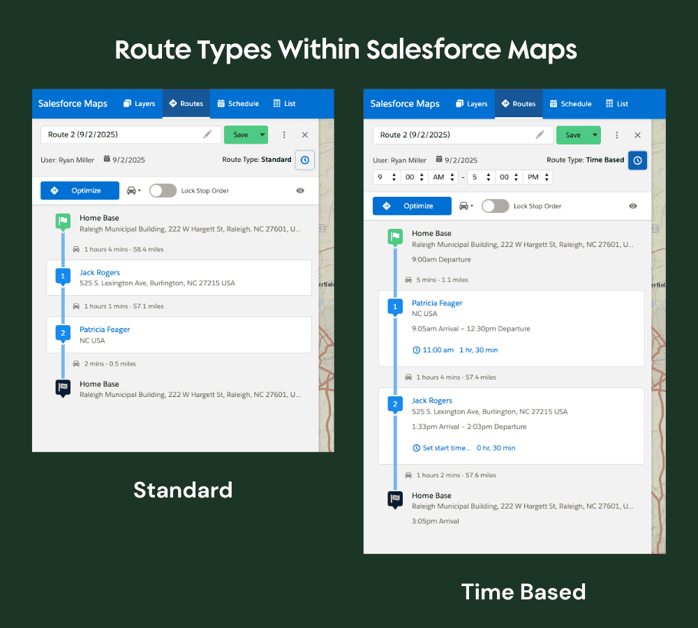 Salesforce Maps route type comparison between standard and time based.