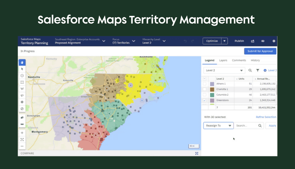 Salesforce Maps territory management dashboard for visualizing and adjusting regional boundaries.
