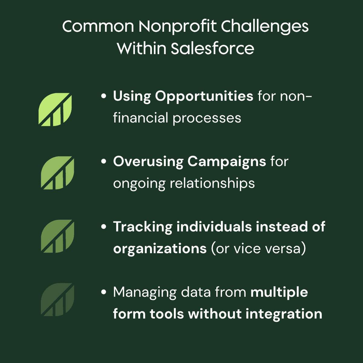 Infographic listing common nonprofit Salesforce challenges such as tracking individuals versus organizations, managing multiple tools, and overusing campaigns for ongoing relationships.