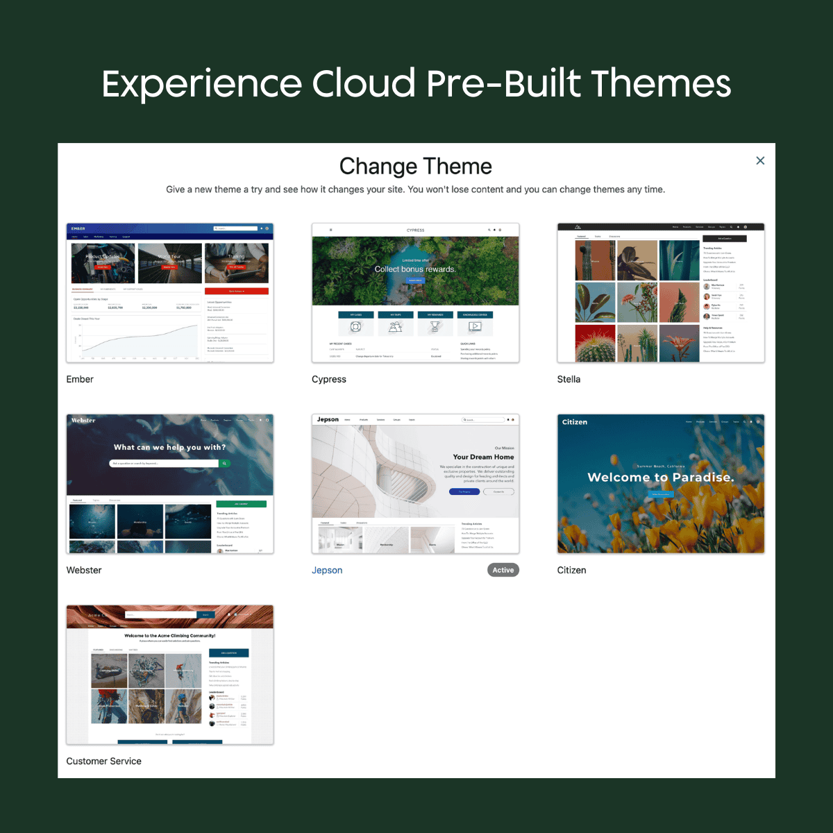 Screenshot showing pre-built themes available in Salesforce Experience Cloud.