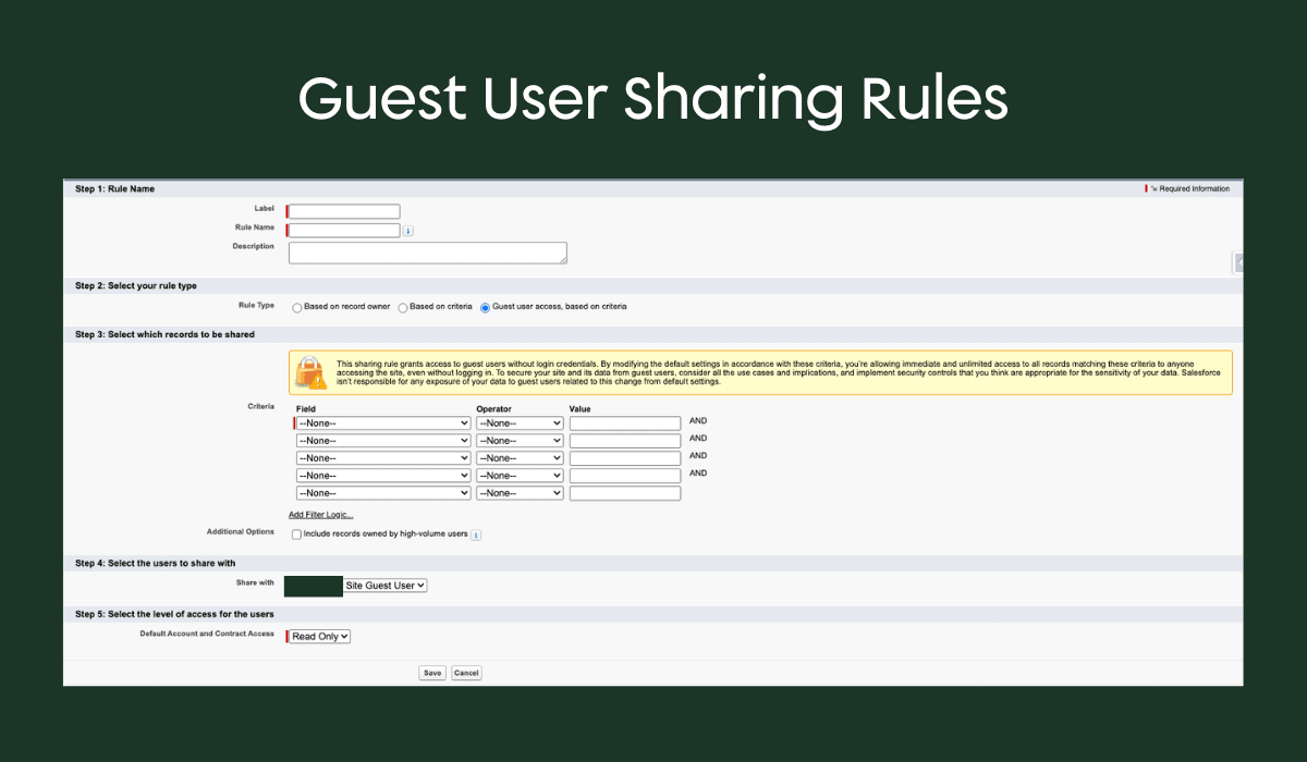 Guest user access sharing rules configuration in Salesforce Experience Cloud