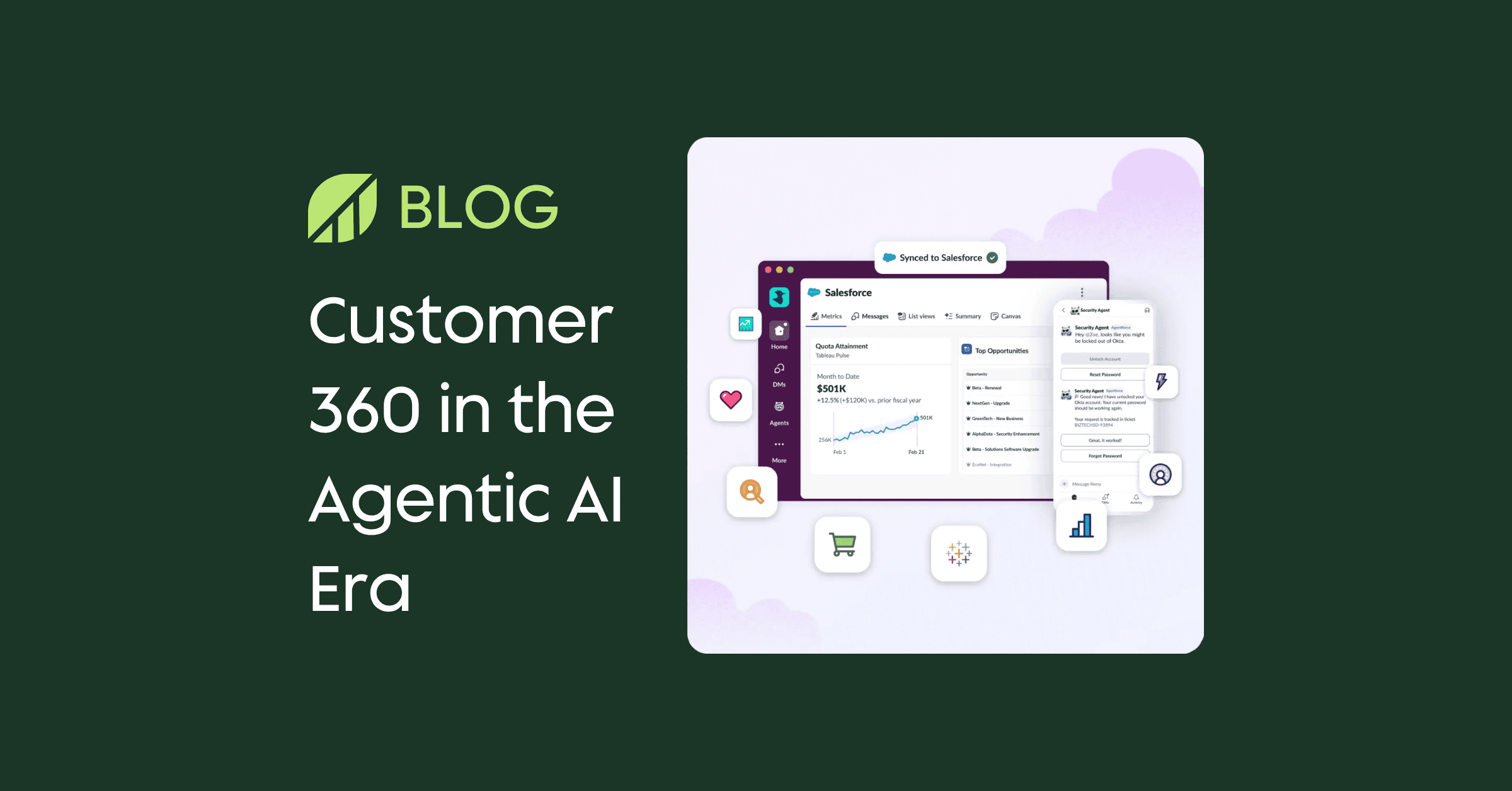 Preview of blog post entitled "Customer 360 in the Agentic AI Era" with Salesforce and Slack components and AI-driven insights.