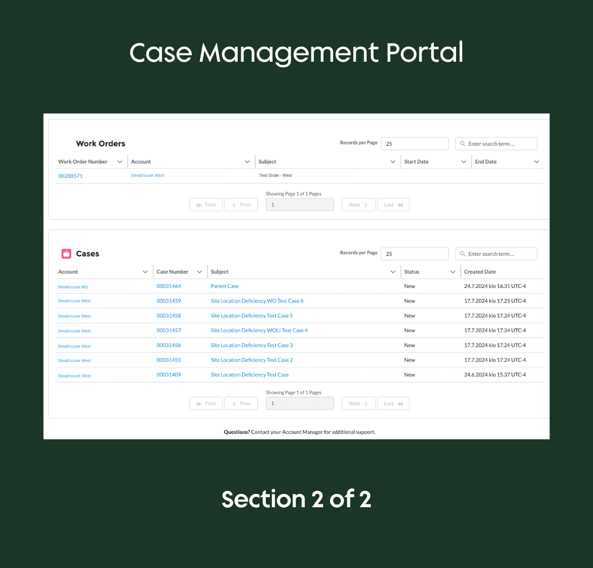 A data-driven portal page showing two main sections: a "Work Orders" table listing specific order numbers and subjects, and a "Cases" table showing multiple site location deficiency records with their current status and creation dates.