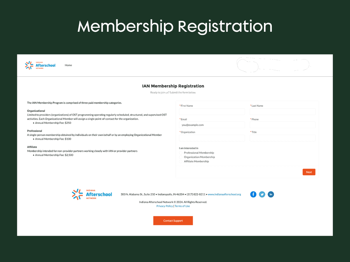 A membership registration form for IAN. The left column describes three membership categories—Organizational, Professional, and Affiliate—along with their annual fees. The right column contains a contact information form and a selection for the desired membership type.