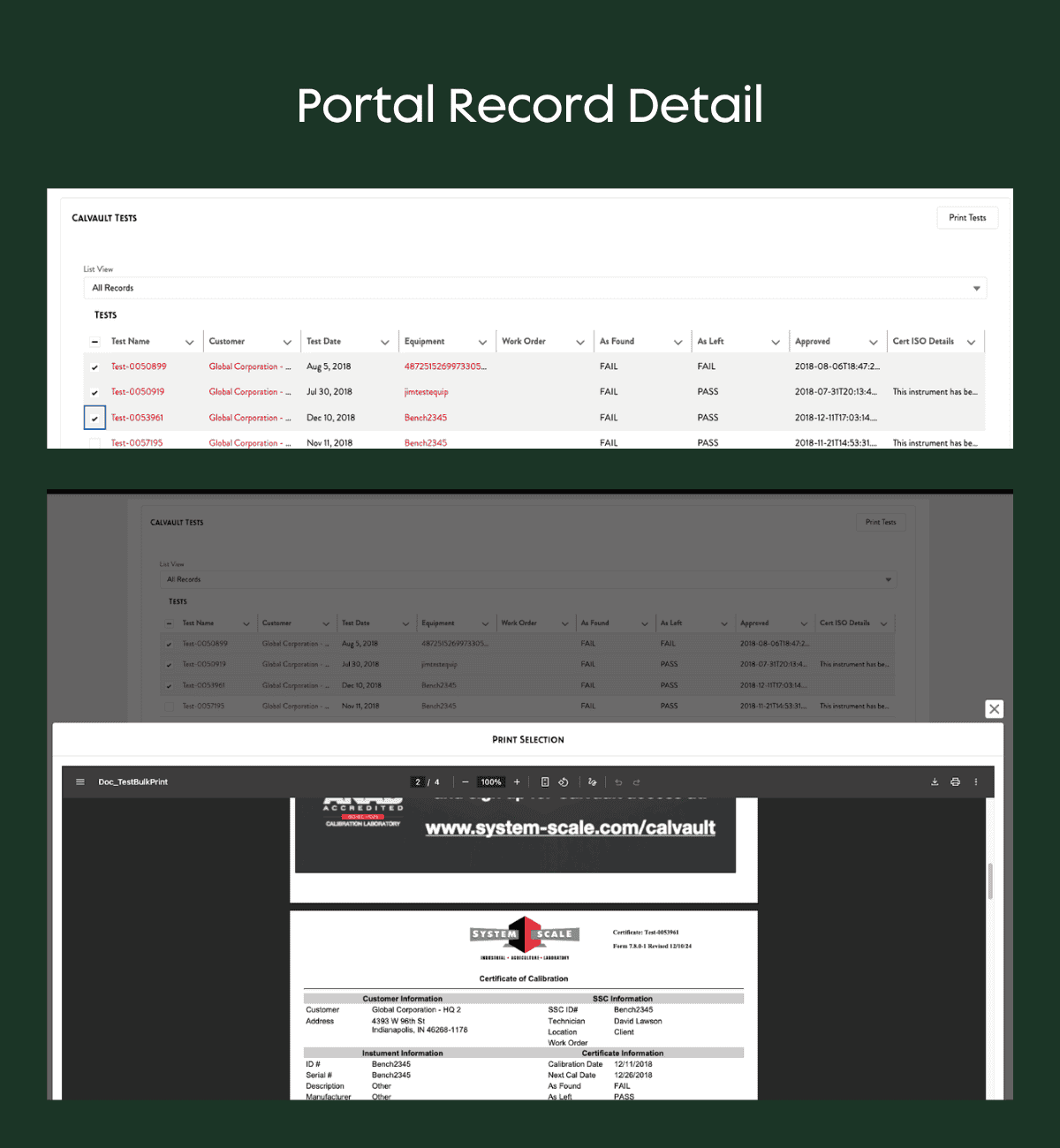 A web portal list view of calibration tests with a "Print Selection" overlay. The background shows a table of test records, while the foreground displays a PDF preview of a Certificate of Calibration.