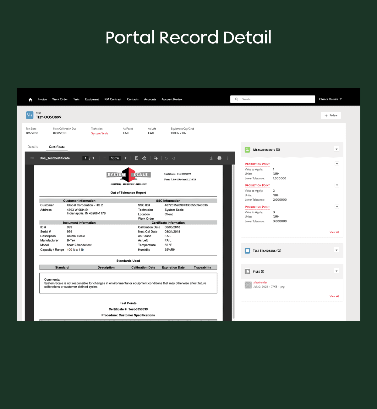 A specific record detail page for a test. The left side shows a digital Certificate of Calibration PDF; the right side contains collapsible data panels for Measurements, Test Standards, and uploaded Files.