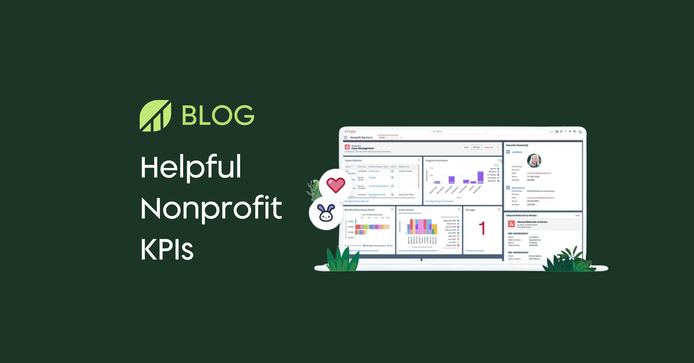 Helpful nonprofit KPIs blog graphic featuring Salesforce dashboard for tracking fundraising and program performance