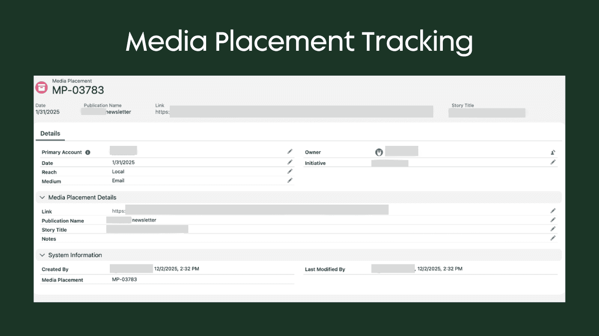 Nonprofit media placement record used to track press mentions, speaking engagements, and audience reach