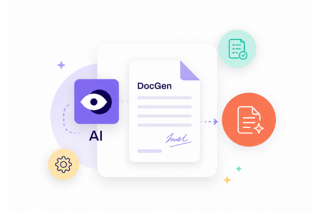 AI-assisted DocGen workflow showing automated document creation with review and approval icons