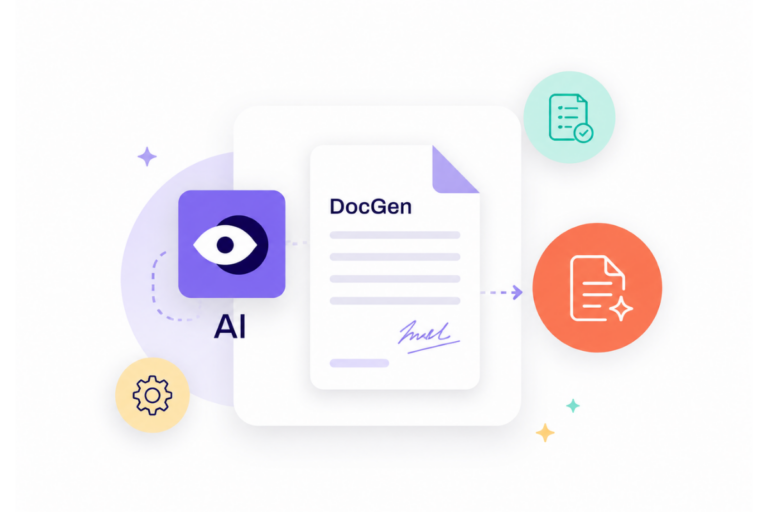 AI-assisted DocGen workflow showing automated document creation with review and approval icons
