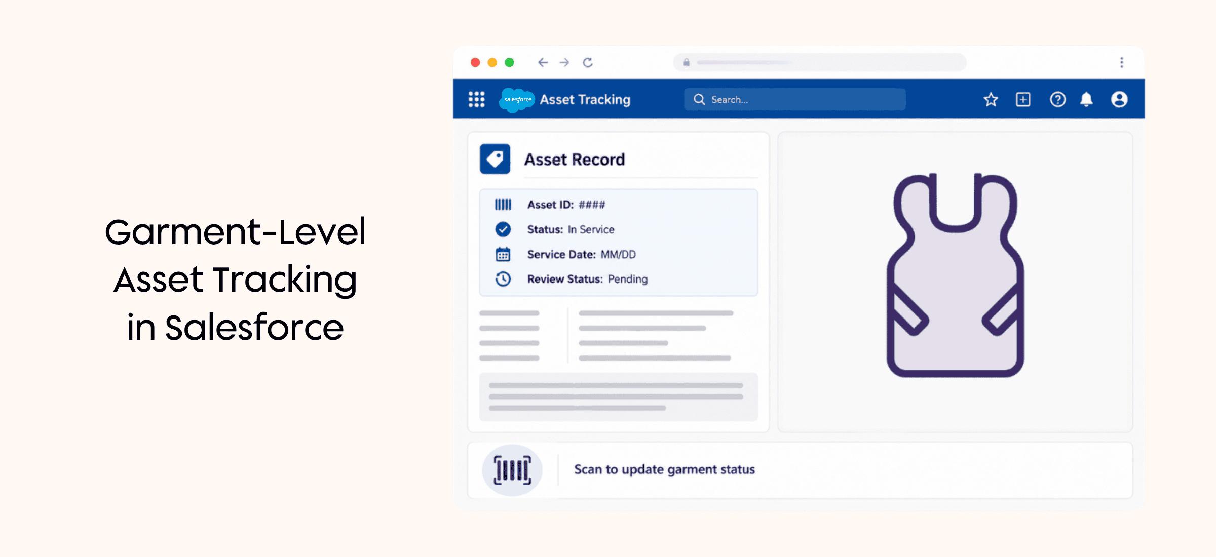 Abstract mockup of a Salesforce-style asset tracking screen showing an “Asset Record” panel with placeholder garment status fields, a protective vest image, and a barcode prompt to scan and update garment status.