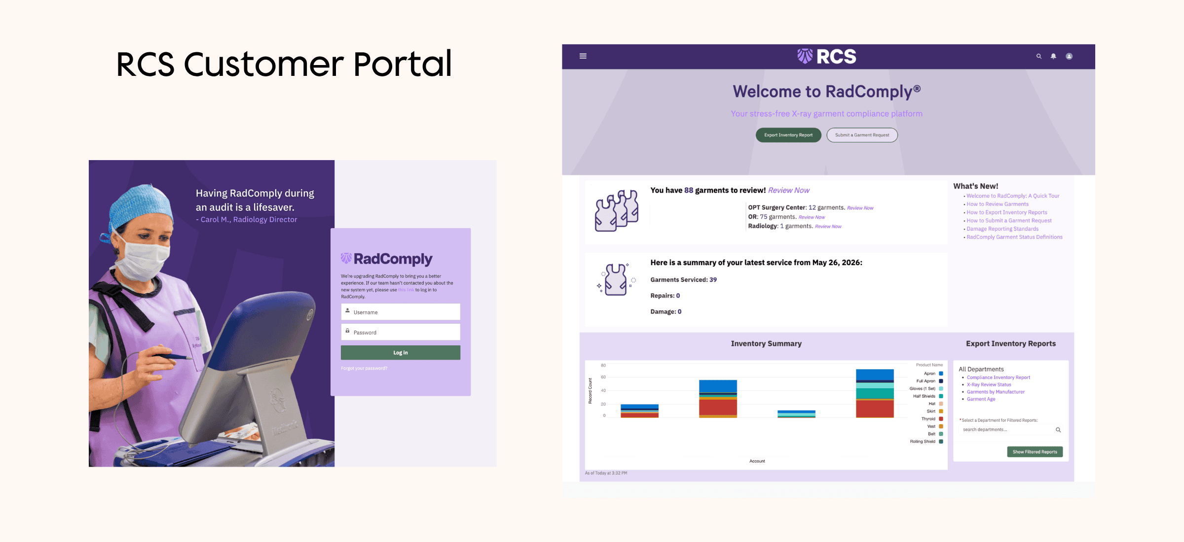 Two screenshots with views of the RCS customer portal built with Experience Cloud.