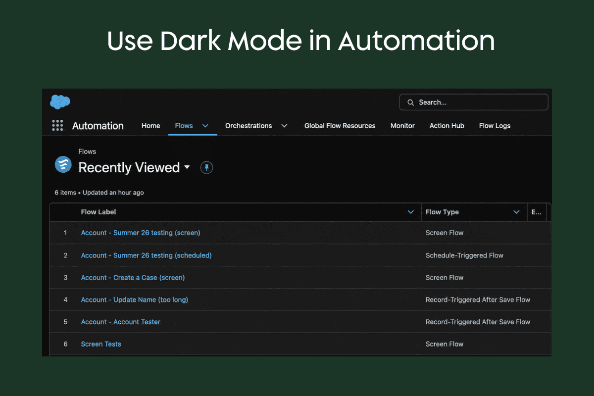 Salesforce Automation app in dark mode showing a list of recently viewed flows.
