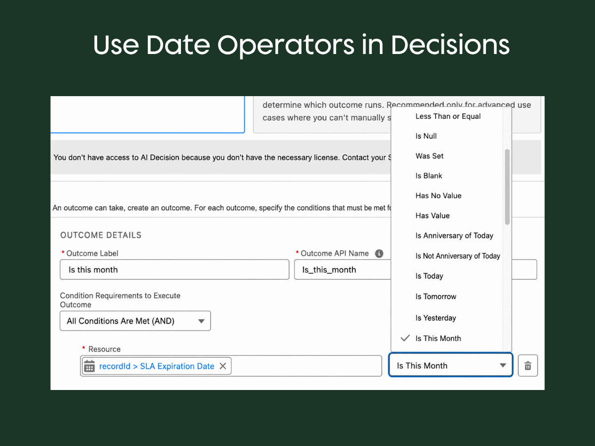 Salesforce Flow Decision outcome showing the Is This Month date operator for an SLA Expiration Date field.