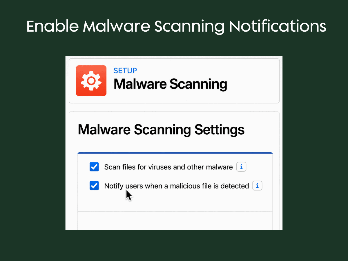 Salesforce Malware Scanning settings showing options to scan files and notify users when malicious files are detected.