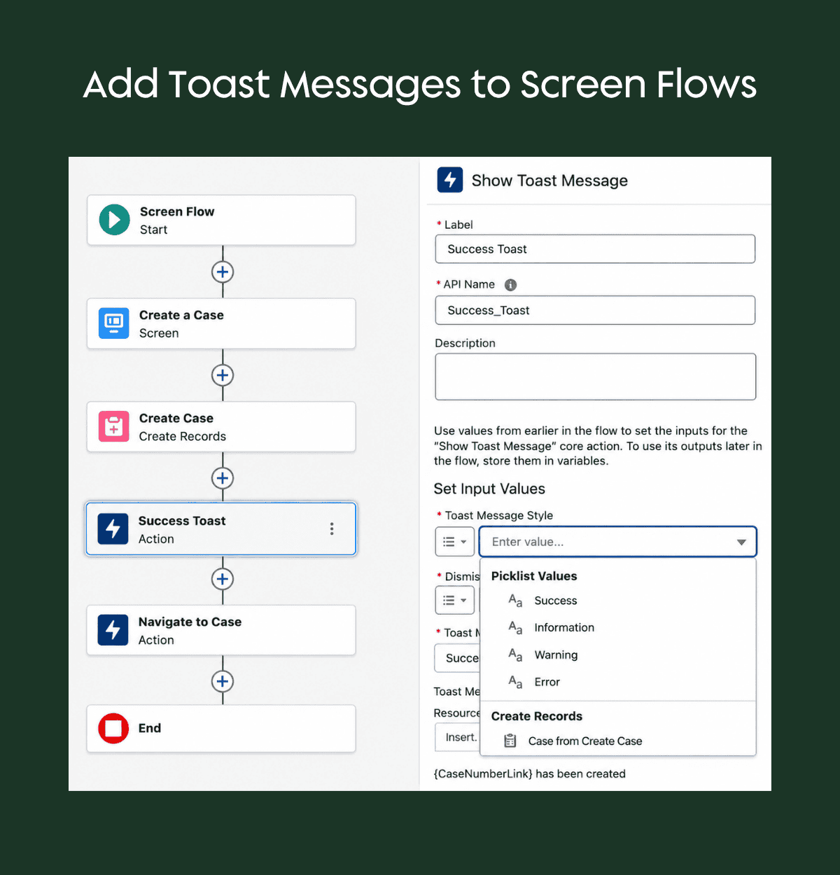 Salesforce Screen Flow showing a Success Toast action and Show Toast Message configuration options.