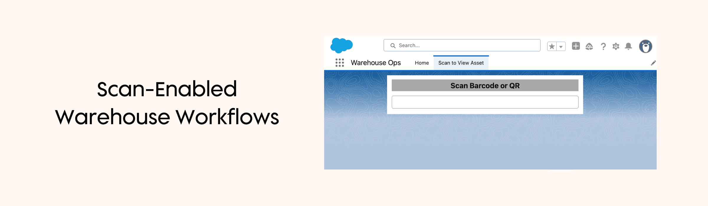 Mockup of a Salesforce warehouse operations screen with a scan-to-view-asset workflow for barcode or QR code entry.