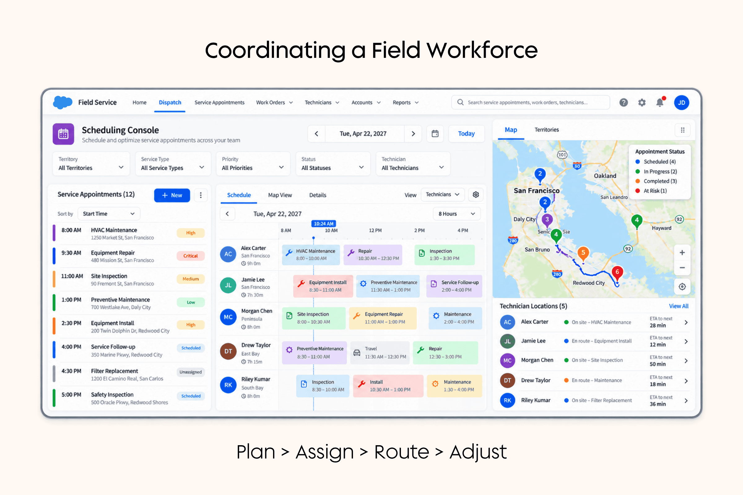 Illustrative Salesforce Field Service scheduling console with service appointments, technician schedules, and a map for coordinating field work.