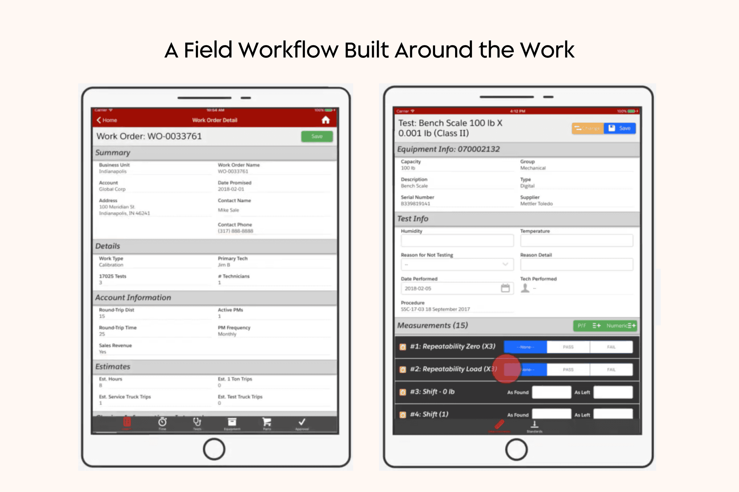 Mobile field service screens showing a work order record and an equipment testing workflow used by technicians in the field.