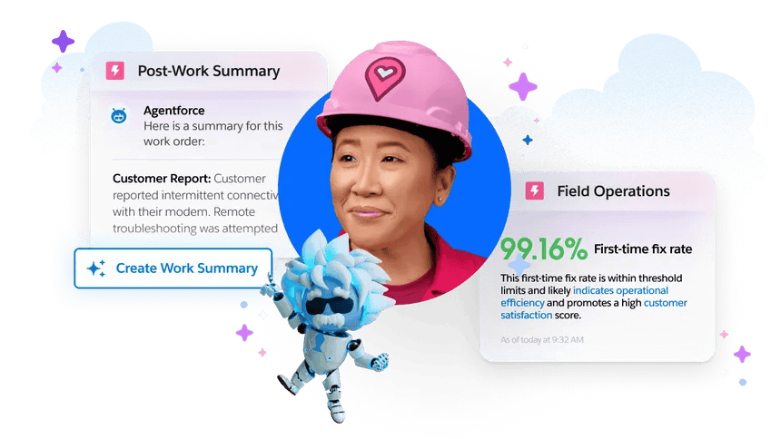 Salesforce Field Service and Agentforce graphic showing a technician, AI-generated post-work summary, and a field operations first-time fix rate metric.