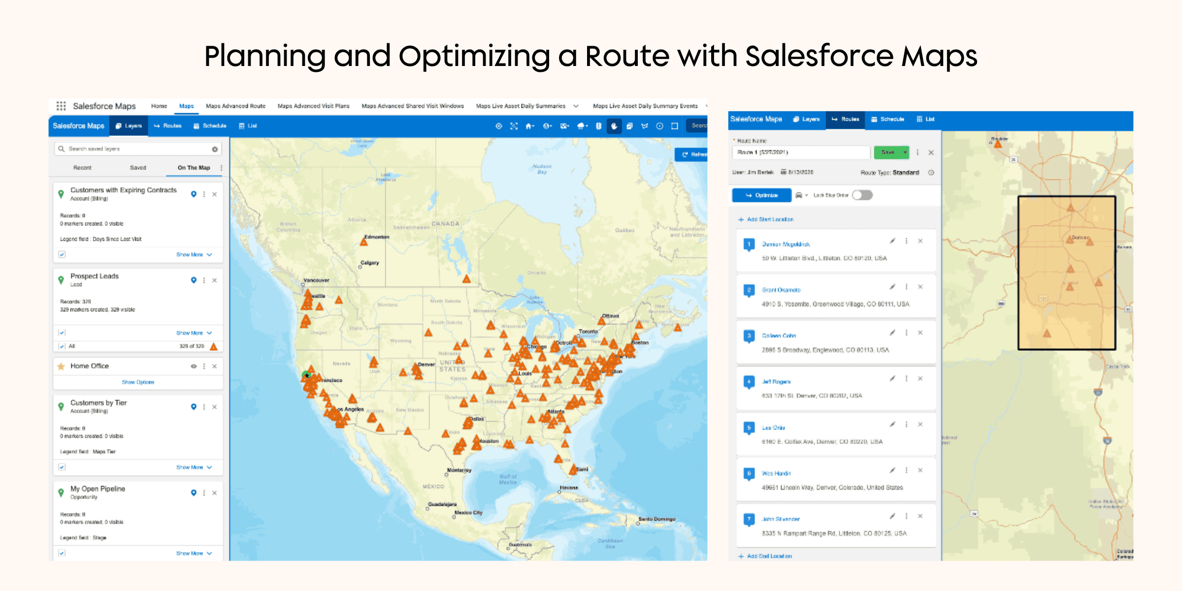Salesforce Maps interface showing customer locations on a map and an optimized route with multiple planned stops.